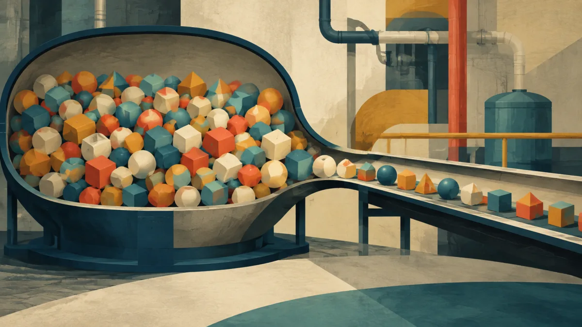 A large processing chamber releases a smaller steady flow through a narrow exit
