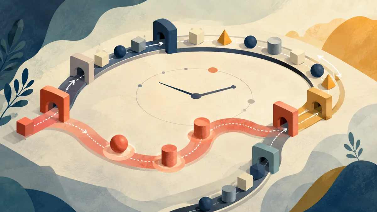 Workpieces follow process routes around an abstract clock showing flow and elapsed time