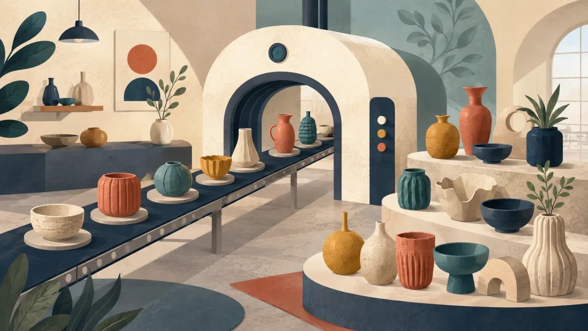 A workshop process steadily produces ceramic objects displayed as finished output