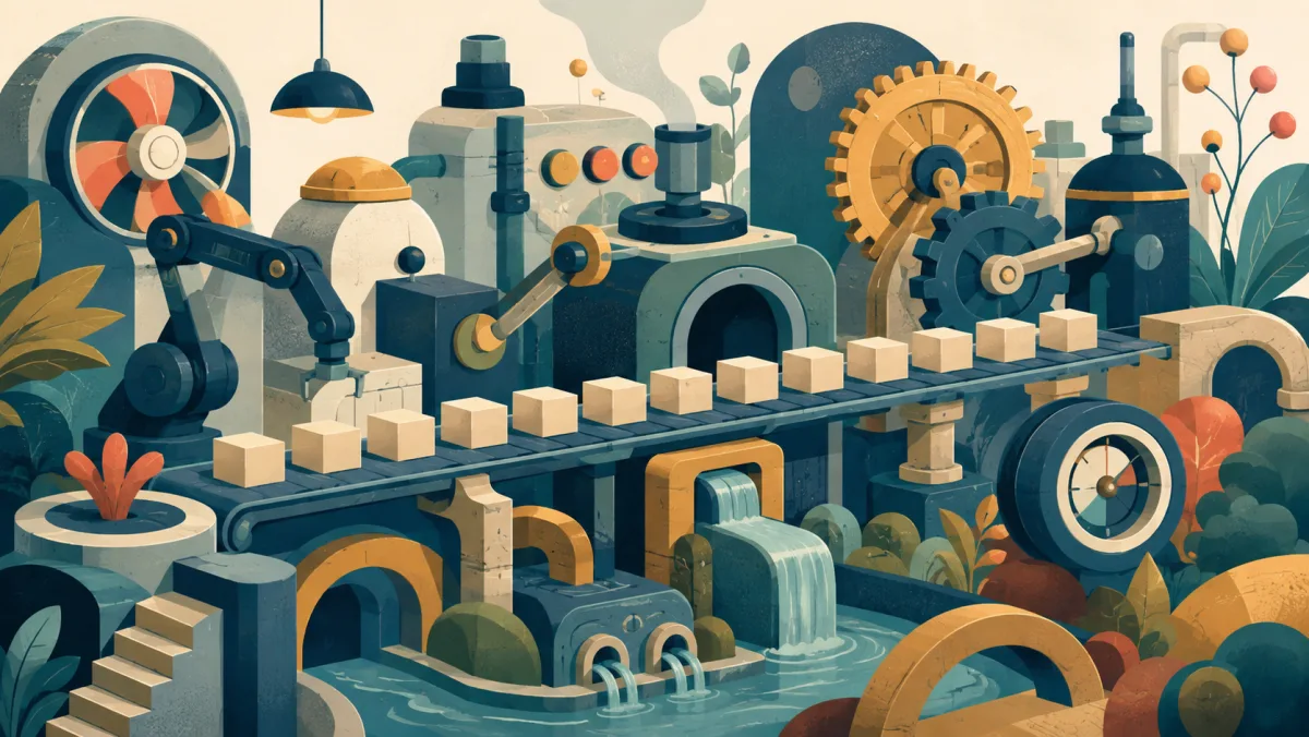 A steady conveyor runs within a broader balanced system of gears and supporting machinery