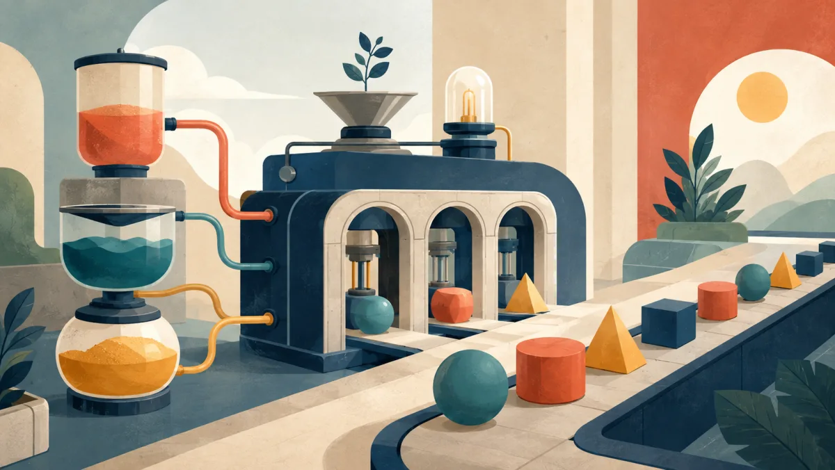 Balanced resource vessels feed a machine producing a steady stream of finished shapes