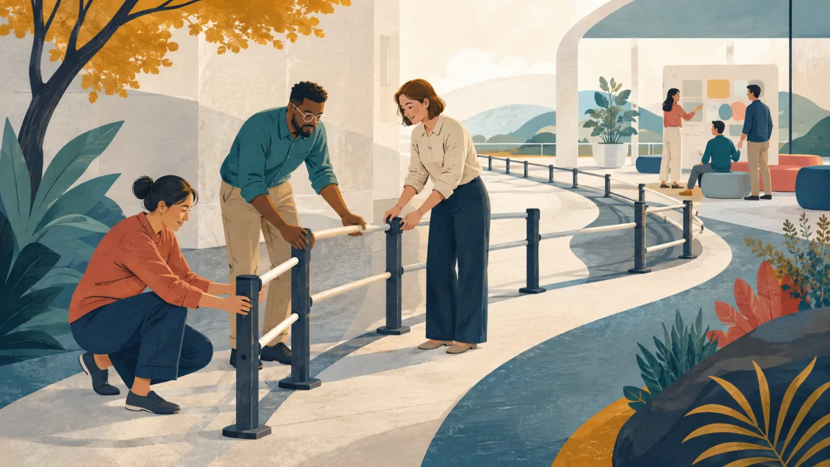 A team collaboratively adjusts protective rails along an open workplace path