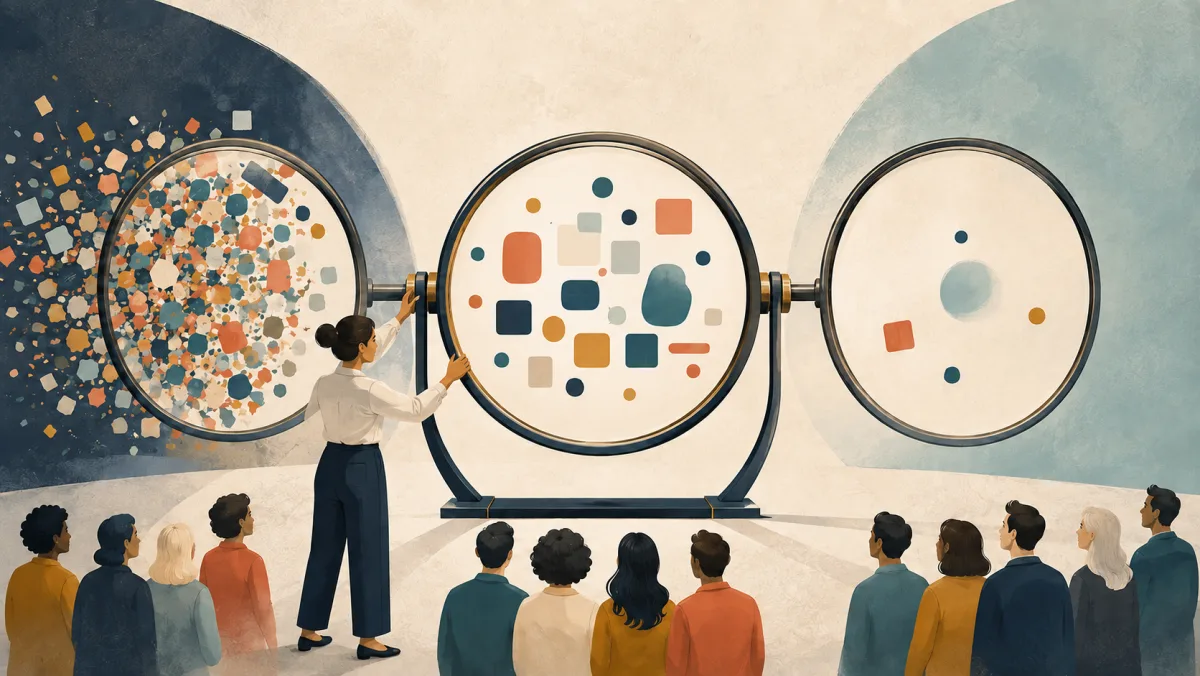 A facilitator calibrates lenses showing cluttered, balanced, and overly sparse detail