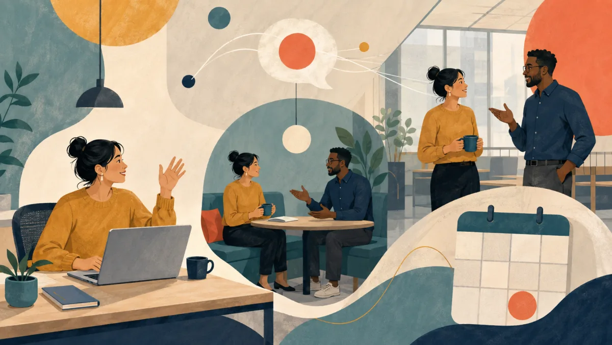 Two colleagues make brief connections across several workplace communication settings