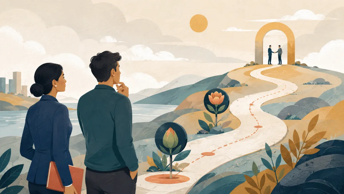 Colleagues look along a milestone path toward a specific future meeting point