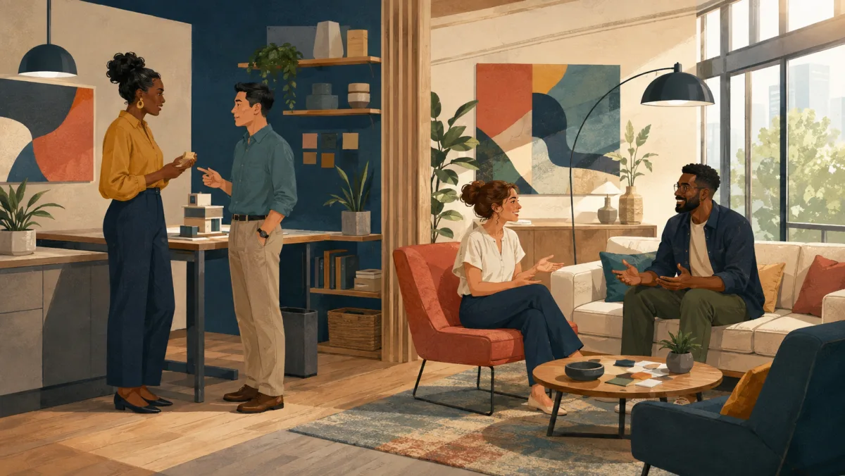 A quick standing work conversation contrasts with a relaxed seated catch-up