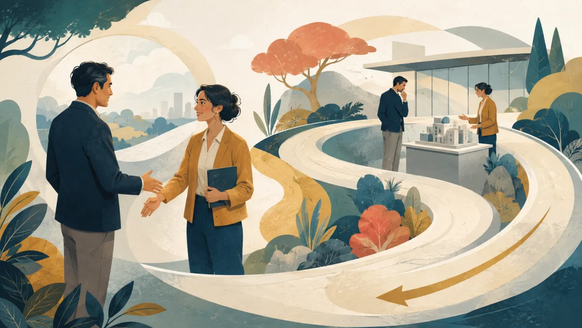 Colleagues connect as a looping path returns to an earlier shared project discussion