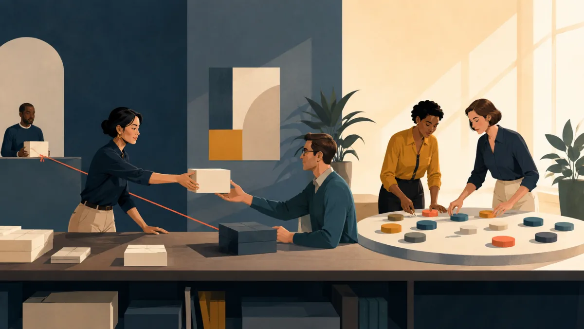 One professional traces a specific parcel from an earlier handoff while colleagues review a broader set of project tokens.