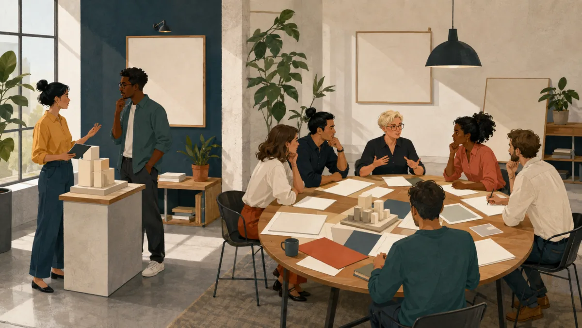 A quick standing exchange contrasts with a prepared group discussion around a table