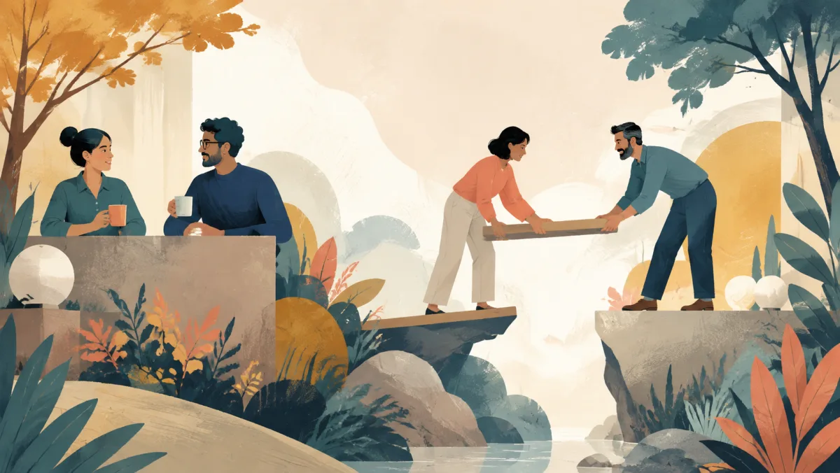 A light colleague check-in contrasts with collaborators rebuilding a bridge after a gap