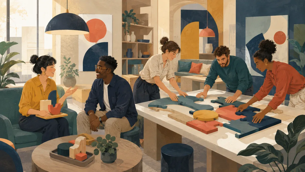 A casual exchange contrasts with teammates actively aligning interlocking project pieces