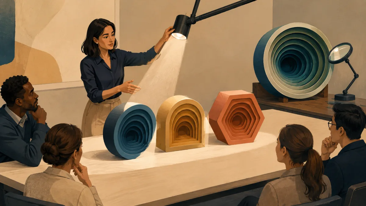 A presenter briefly illuminates the outer layers of several deep topic objects while a magnifier waits for closer study.