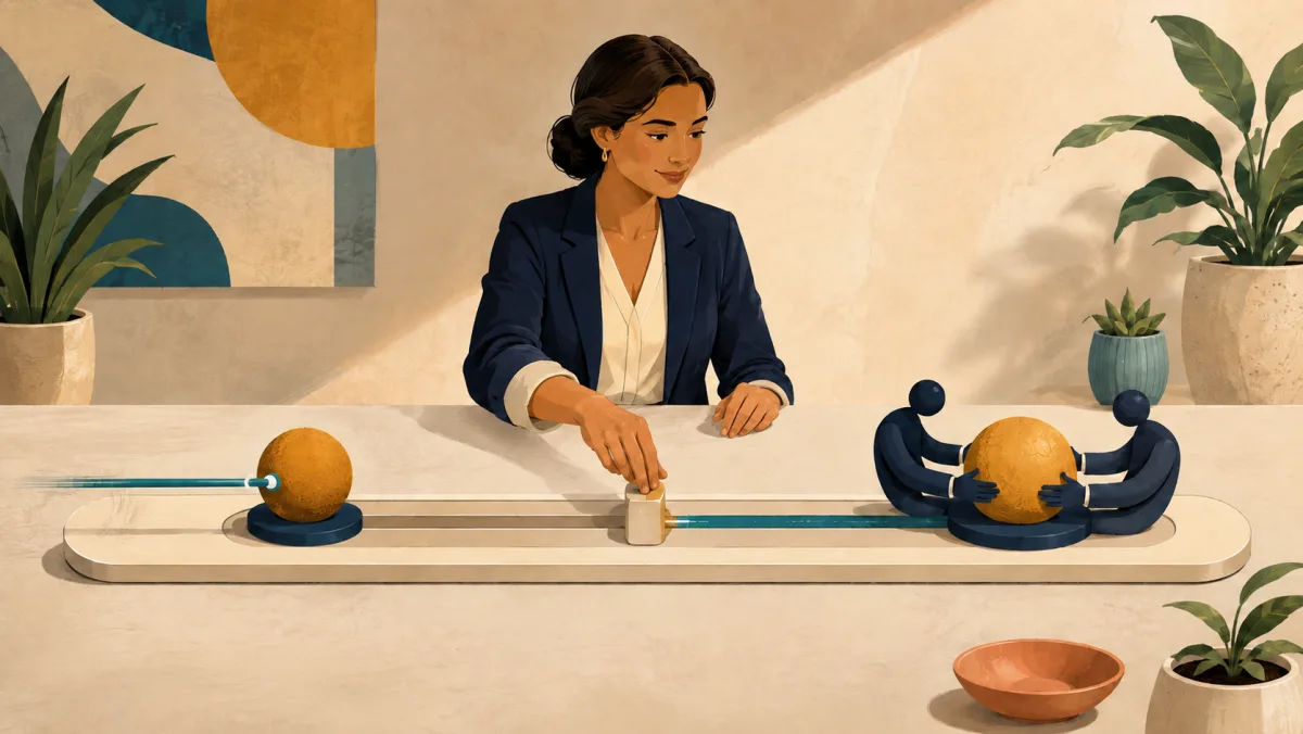 One topic sphere receives a brief probe contact while another remains between two engaged conversation figures.
