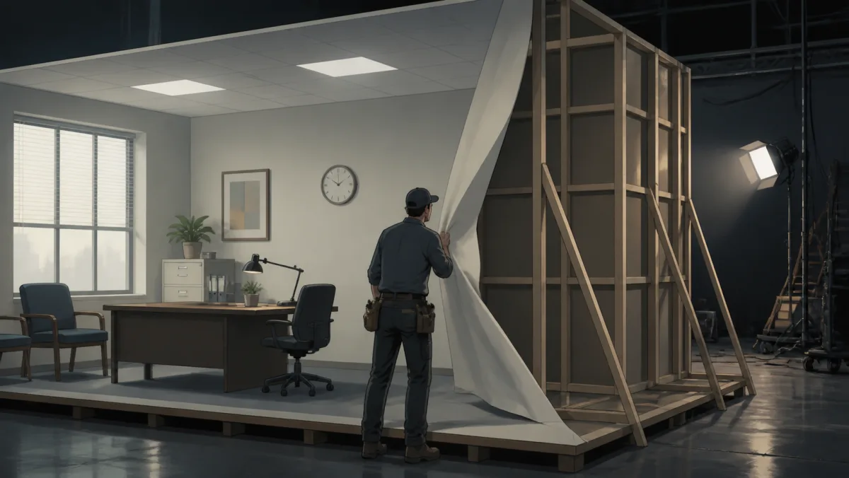 A worker pulls back an ordinary office backdrop to reveal a constructed stage