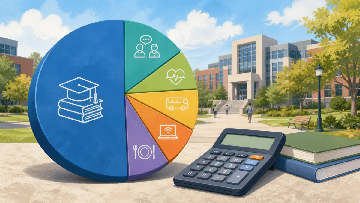 A college cost chart separates tuition from smaller service and campus fee categories