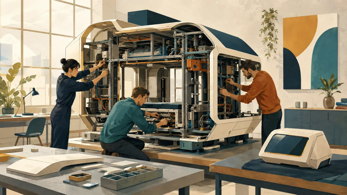 A professional team systematically rebuilds the exposed internal structure of a large system