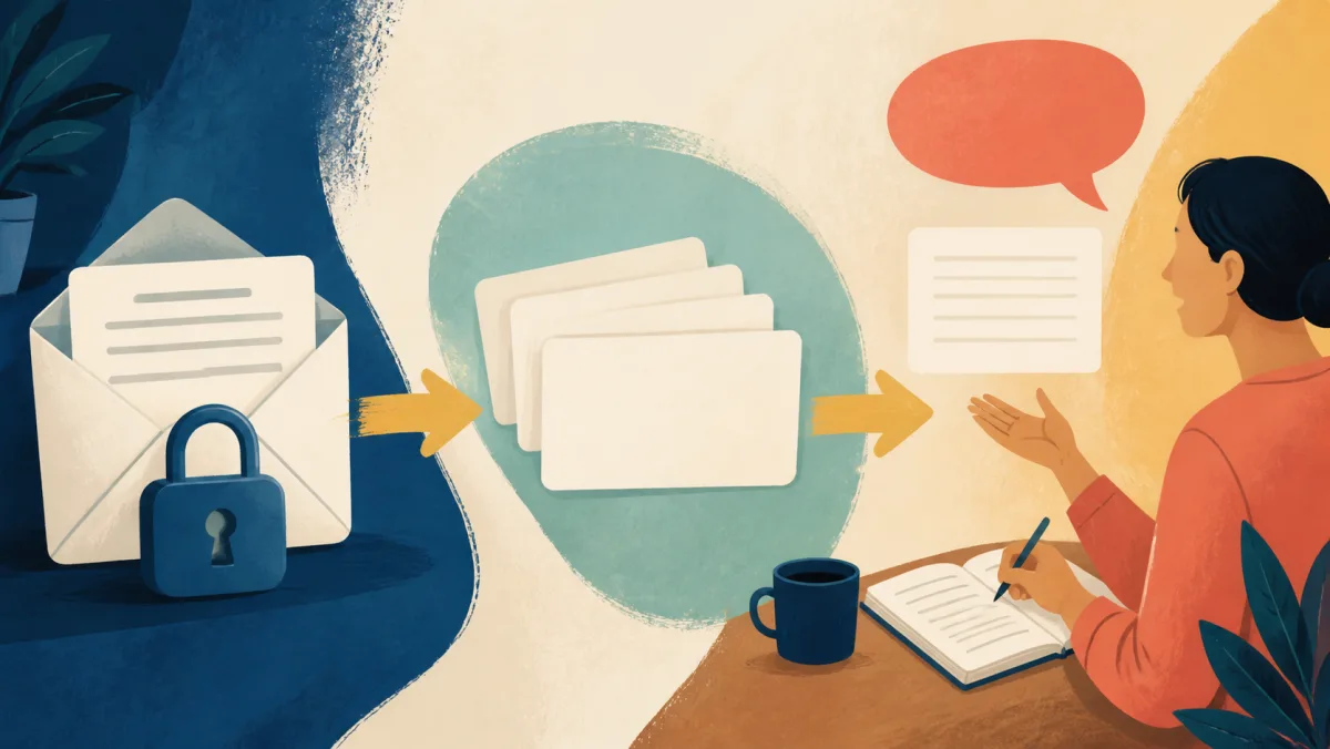 Locked work email transformed into anonymized practice cards and a spoken and written response