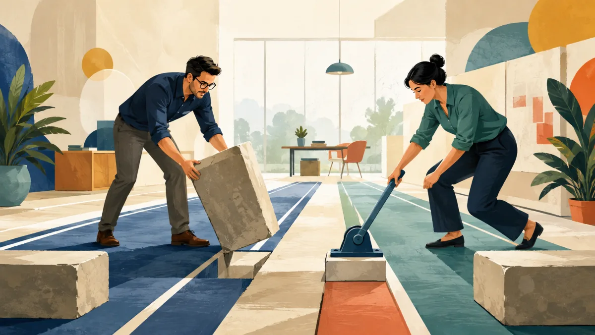 One professional lifts an obstacle while another uses a lever to open a route