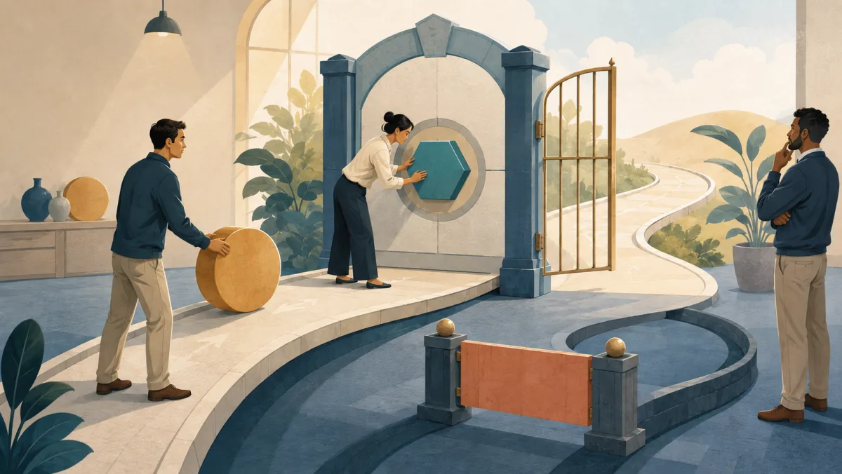 A reviewed project piece passes through an open gate while a shortcut remains closed