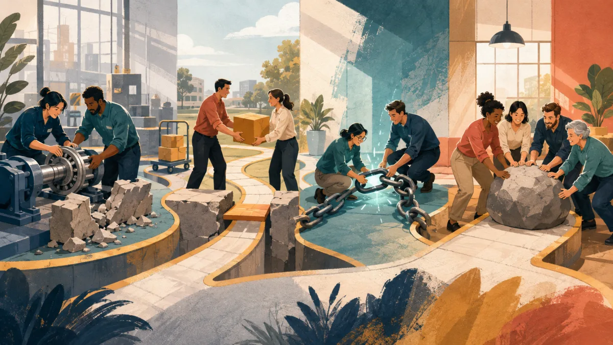 Workplace teams remove mechanical, resource, connection, and team obstacles