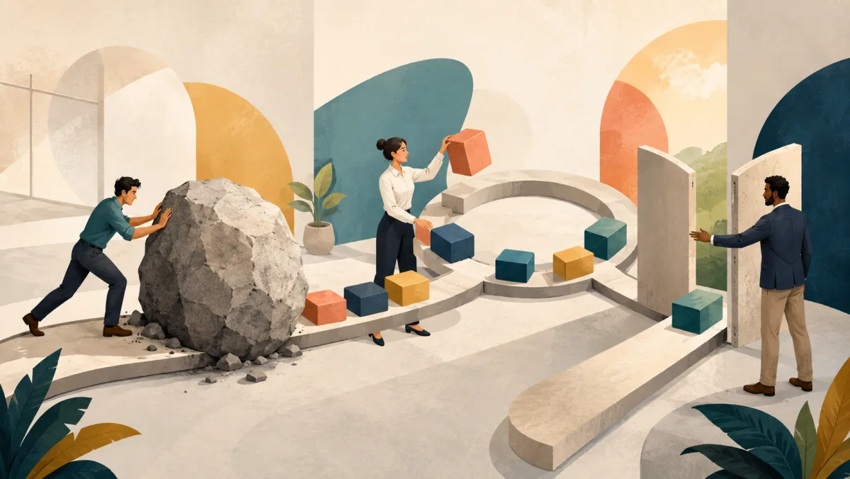 Professionals remove a boulder, lift an item from review, and open a narrow gate