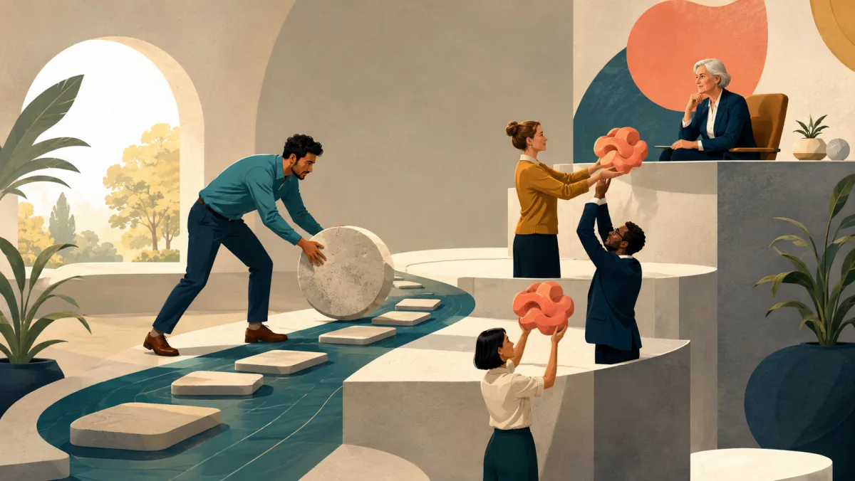One professional clears a project path while others raise an issue toward senior authority
