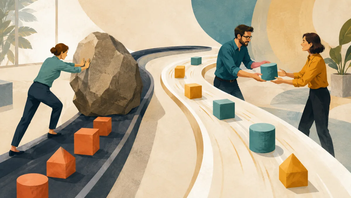 Removing a boulder from a stopped track contrasts with speeding an open workflow