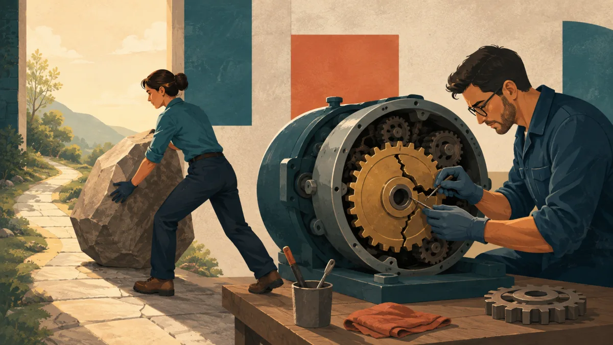 One professional clears a path while another repairs a cracked internal gear