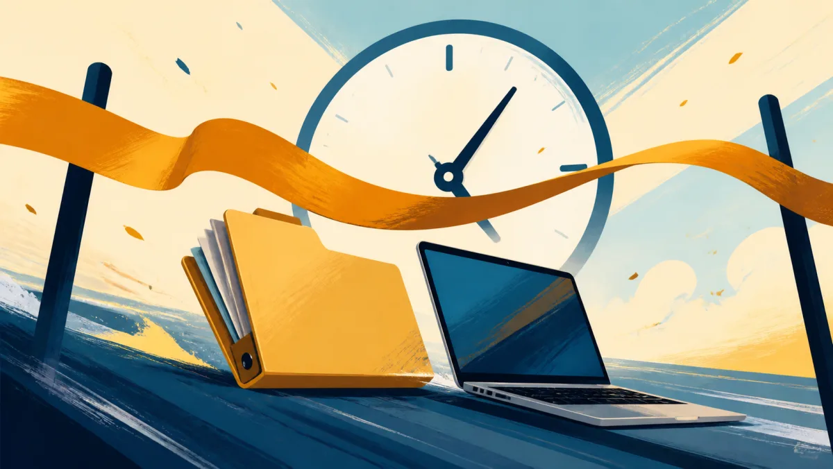 A project folder and laptop cross beneath a finish ribbon just before a clock deadline