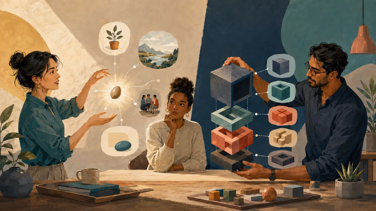 A speaker adds examples to a simple idea while a colleague separates a dense object into clear layers