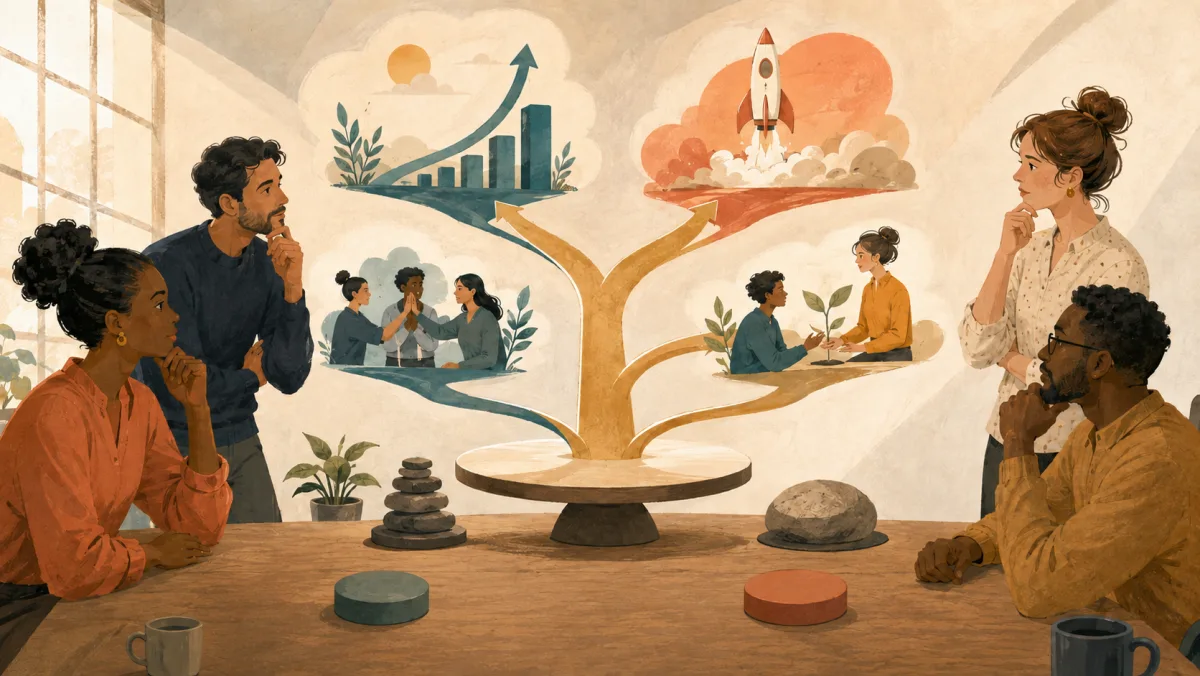 Professionals evaluate several possible gains branching from a balanced decision while keeping conditions in view