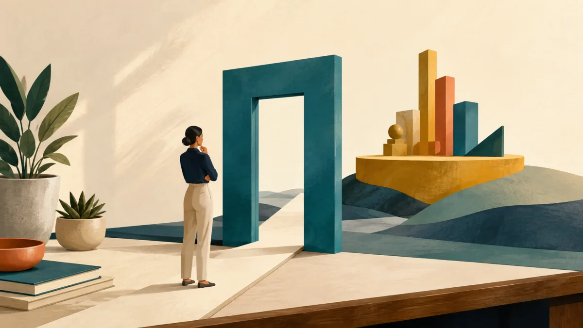 A professional considers an open teal doorway leading toward a separate elevated platform of possible gains.
