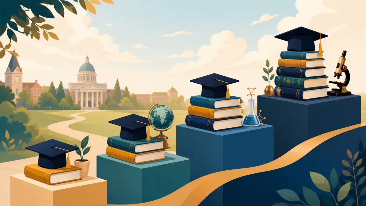 Four ascending academic milestones use books, graduation caps, and research tools