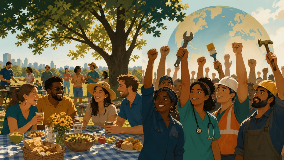 A workplace picnic and a global gathering of workers illustrate two labor-day traditions