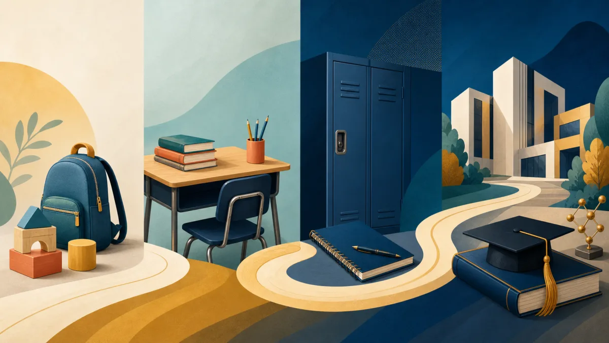 A visual path from a young child's backpack through an elementary desk and high-school lockers to a university campus