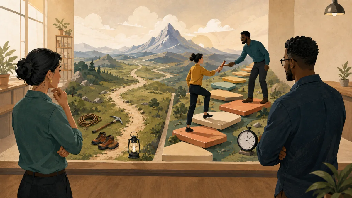 An open feasible trail contrasts with clear stepping stones, an owner handoff, and a defined first action