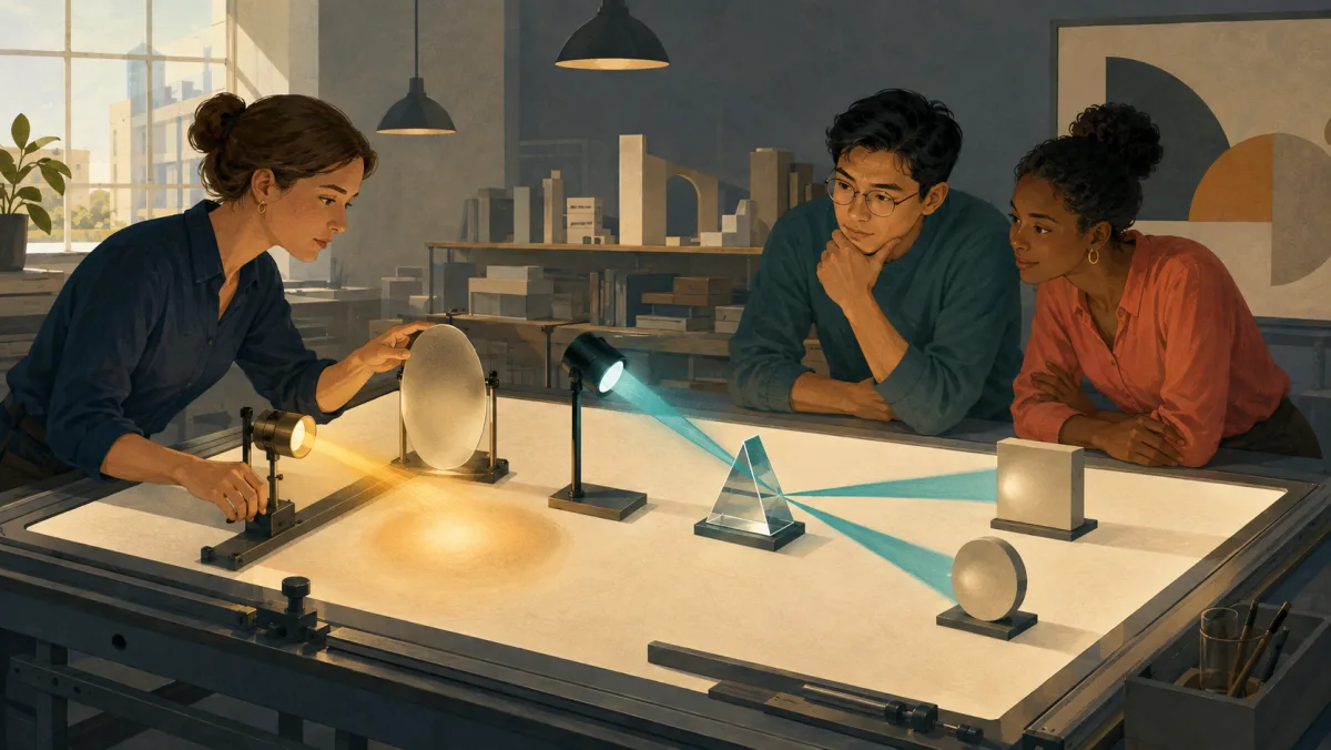 A drafting table contrasts a diffuse beam through a frosted lens with two crisp beams split by a clear prism.