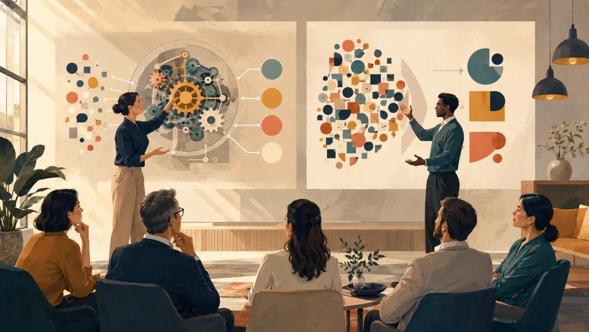 One presenter reveals how a mechanism works while another organizes dense ideas into clear connected forms