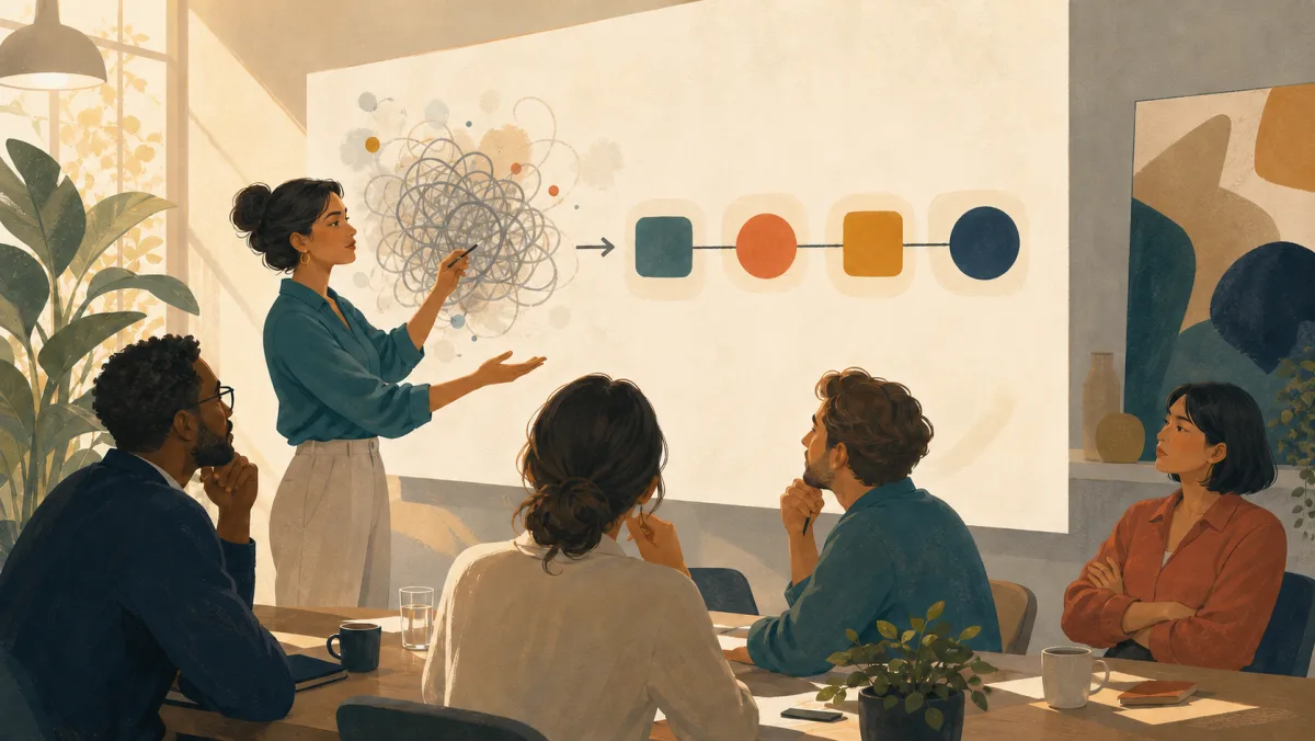 A presenter turns a tangled idea into a clear ordered sequence while colleagues listen and evaluate