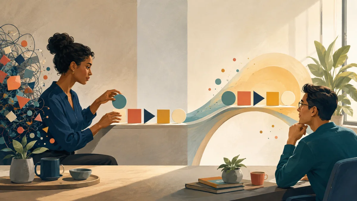 A professional organizes tangled ideas into clear shapes that travel across a bridge to an attentive colleague