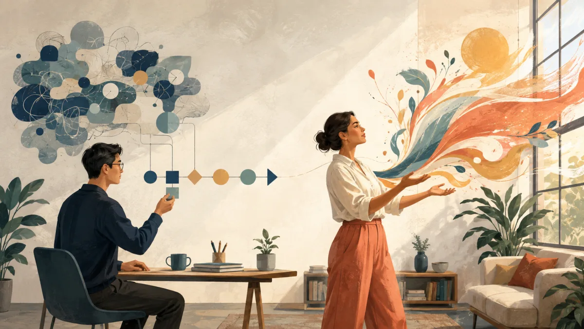 Two professionals contrast precisely ordered ideas with a broad expressive flow of color and movement