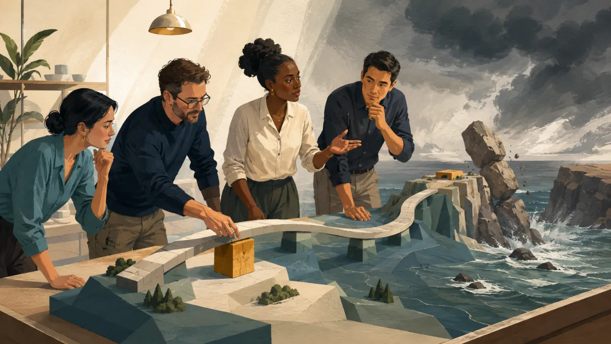 A project team studies a model route supported by one block and threatened by unstable terrain ahead