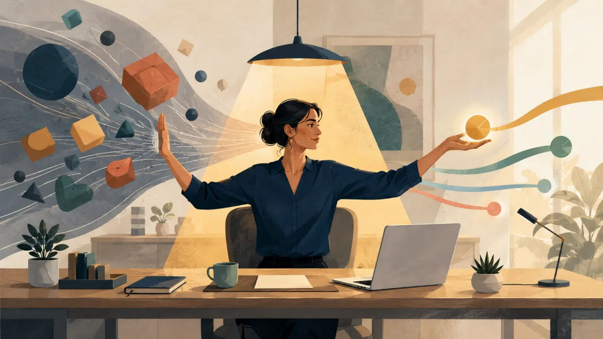 A professional calmly accepts one flowing task while holding back a larger stream of incoming work