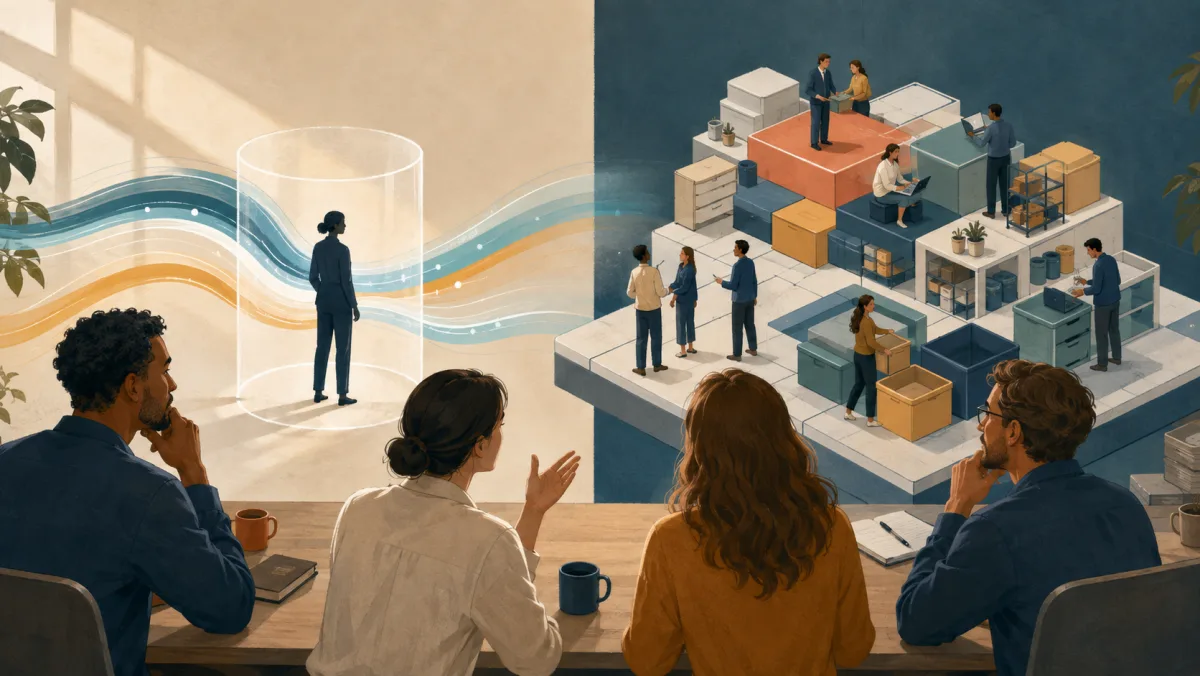 A team compares focused work channels with a larger modular platform for people, tools, and workload