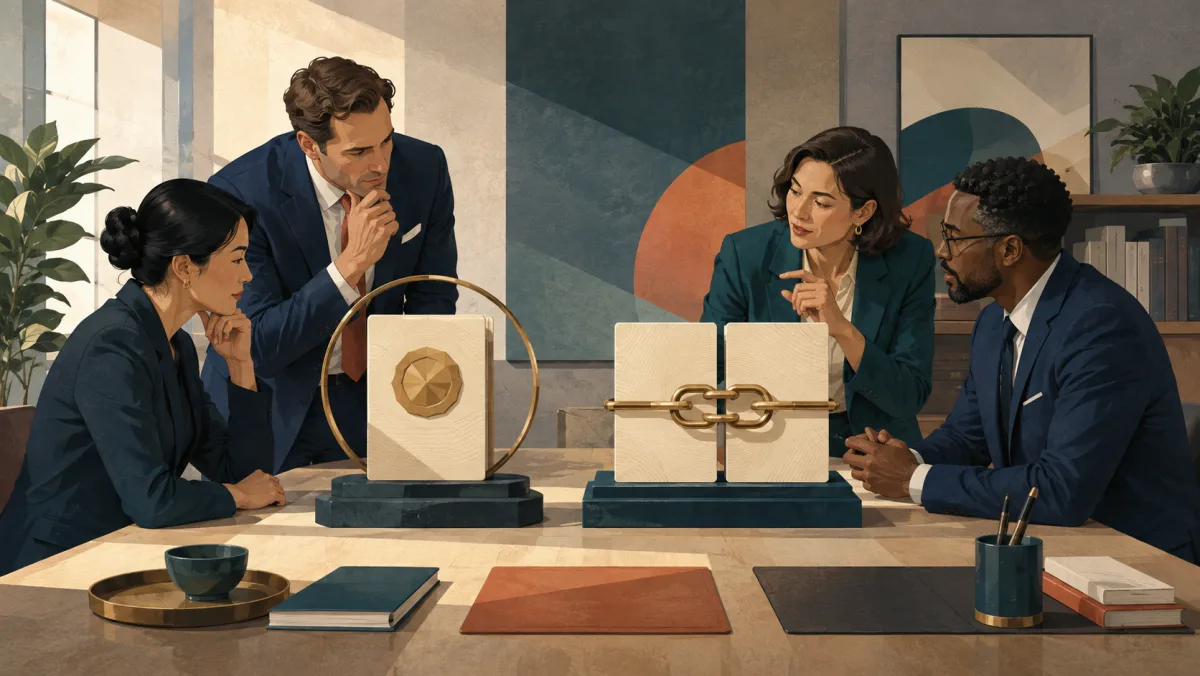 Professionals compare a formally presented object with two agreement blocks joined by a strong clasp