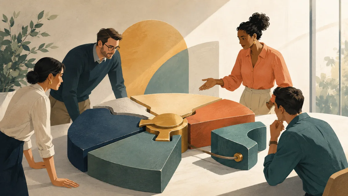 Colleagues examine an agreement structure whose main pieces are firmly joined by a central clasp