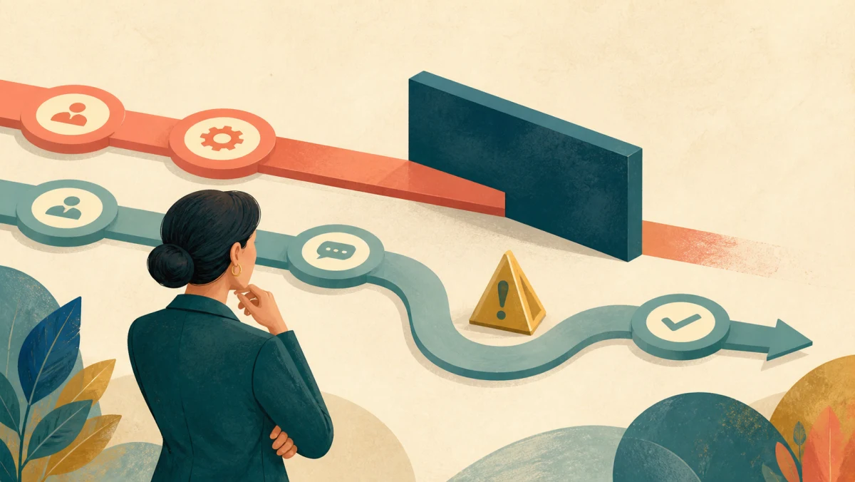 Professional compares a workflow stopped by a barrier with one continuing around a warning