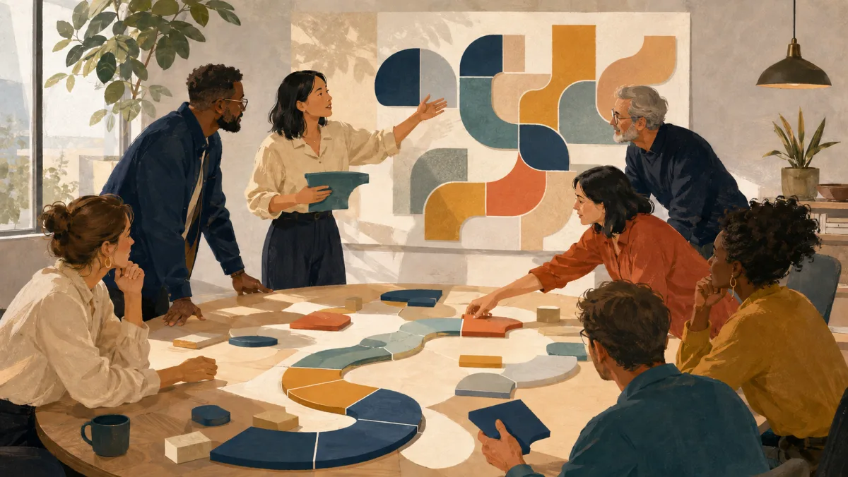 A cross-functional team contributes modular pieces while building a shared project route together