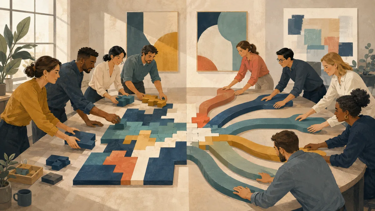 Colleagues actively build a shared plan while separate team paths converge into one coordinated direction