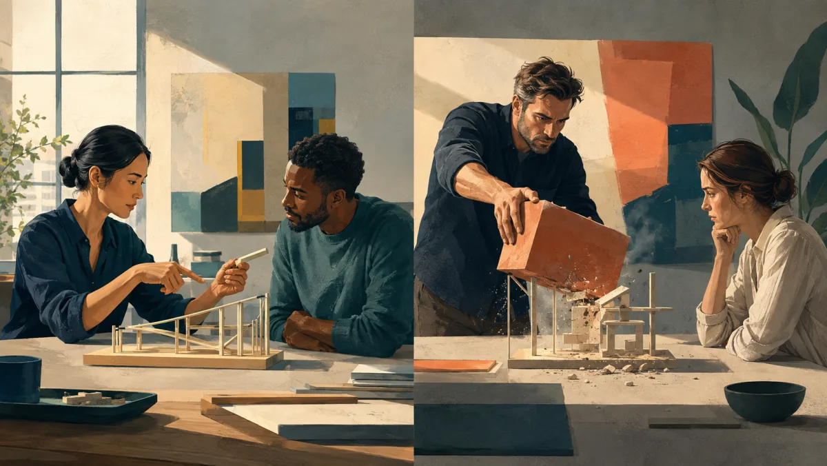 Calibrated feedback about a precise model detail contrasts with an oversized block dropped onto a delicate structure